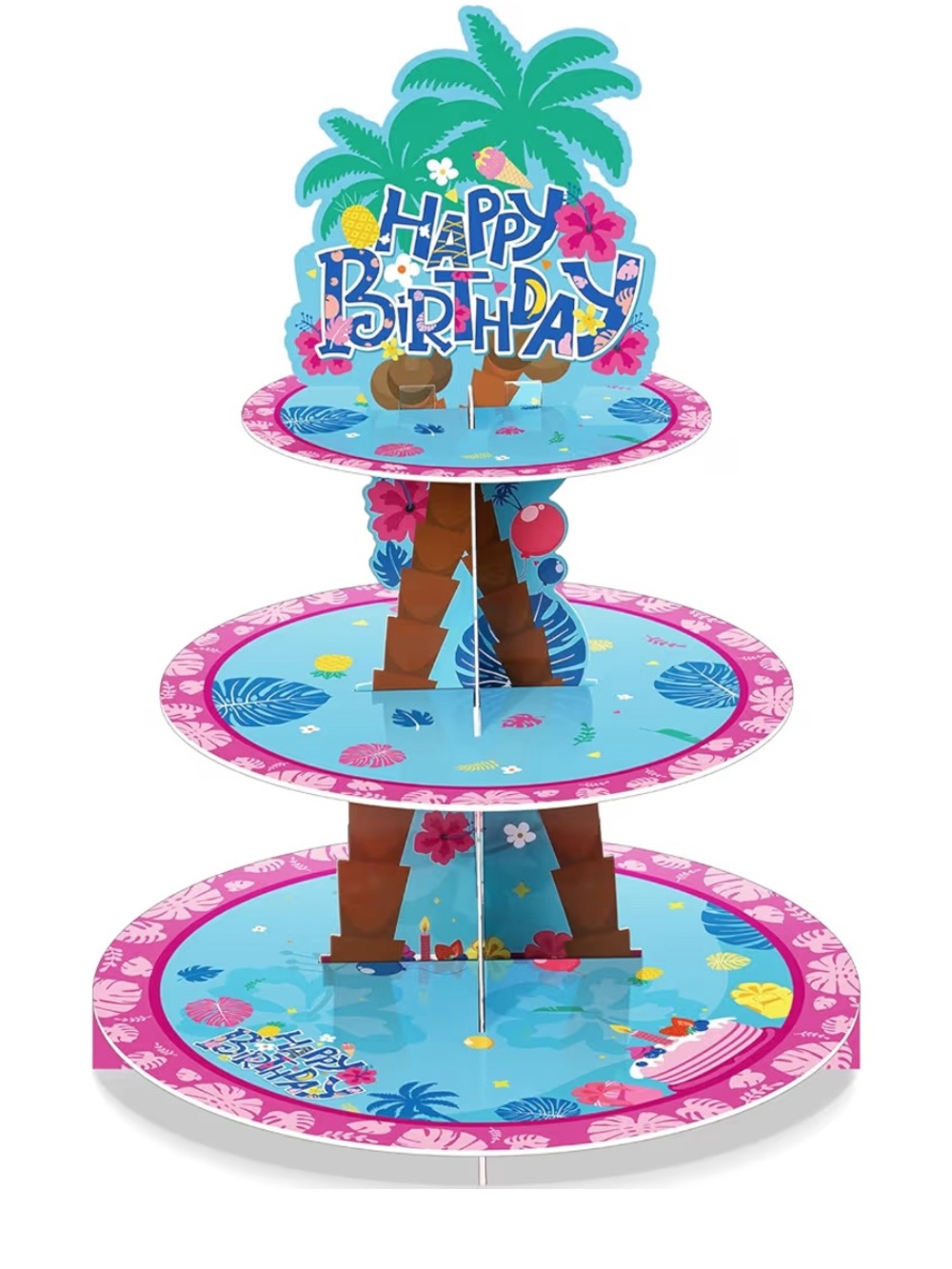Tropical Blue & Pink Happy Birthday 3-Tier Cake Stand